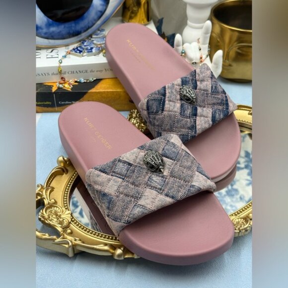 🆕 KURT GEIGER LONDON 🧿 NWOB Pink Bleach Denim Meena Eagle Slides, Sz 40 US9 - Picture 7 of 14